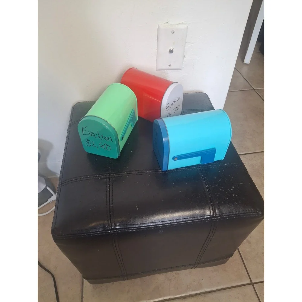 Set of 3 Mini Metal Mailbox Tins Decorative Savings Jars Green Red Blue DIY